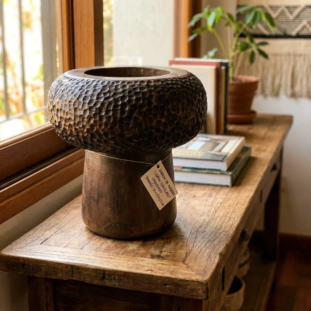 Jarrón Florero Madera Kiri Cincelado Laqueado Copón 31x27cm