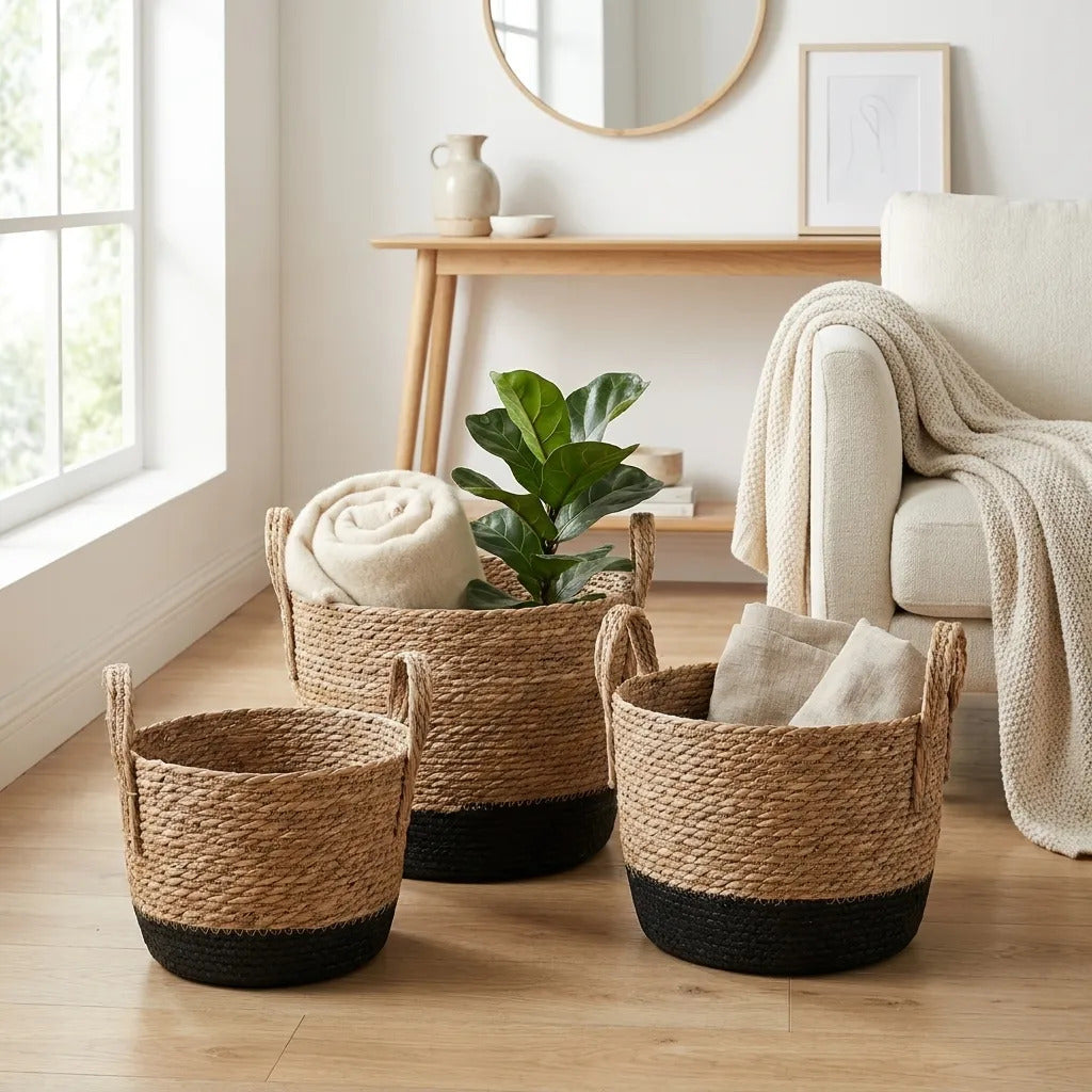 Set 3 Canastos Organizadores Fibras Naturales Beige Negro
