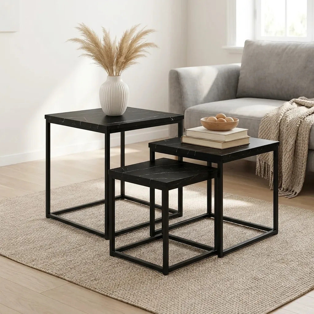 Mesas Ratonas Set X3 Hierro Y Madera Simil Marmol Negro