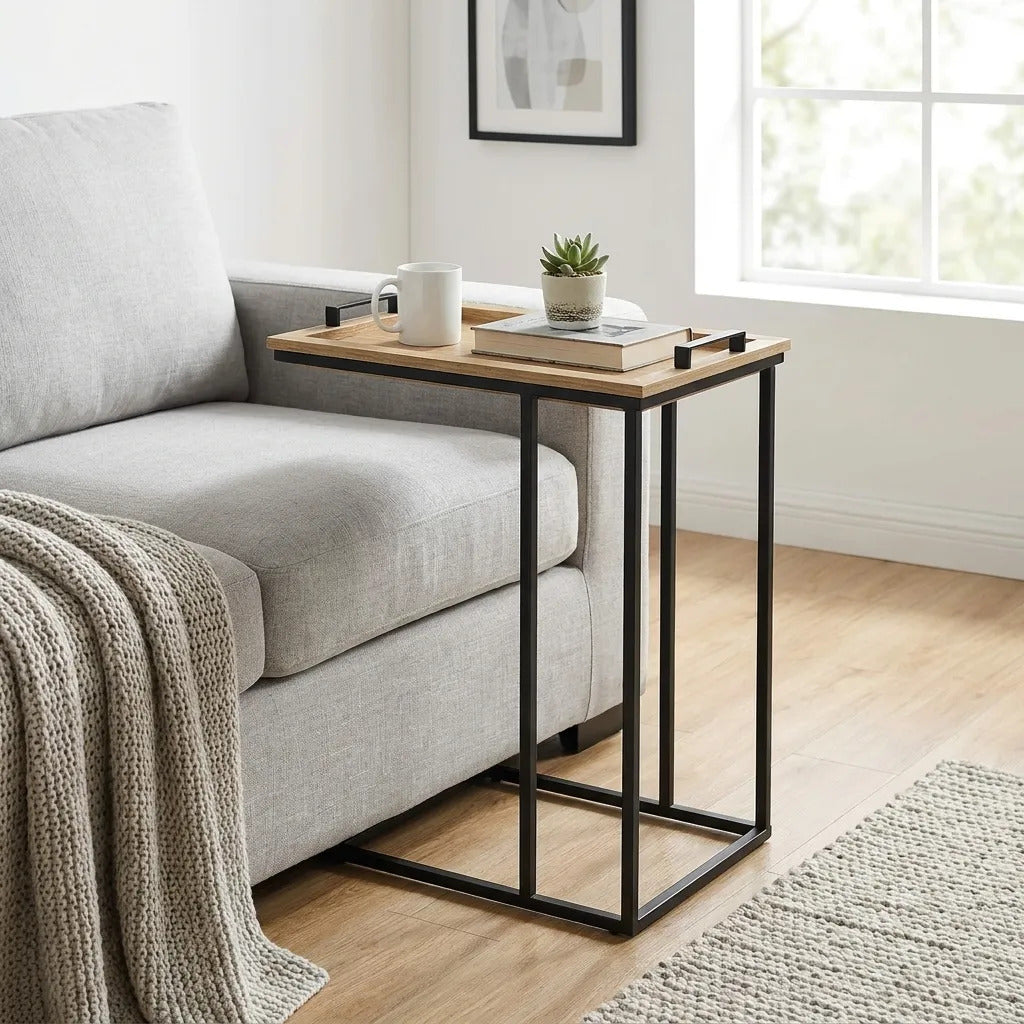 Mesa De Arrime Auxiliar Bandeja Hierro Y Madera 45x28x59cm