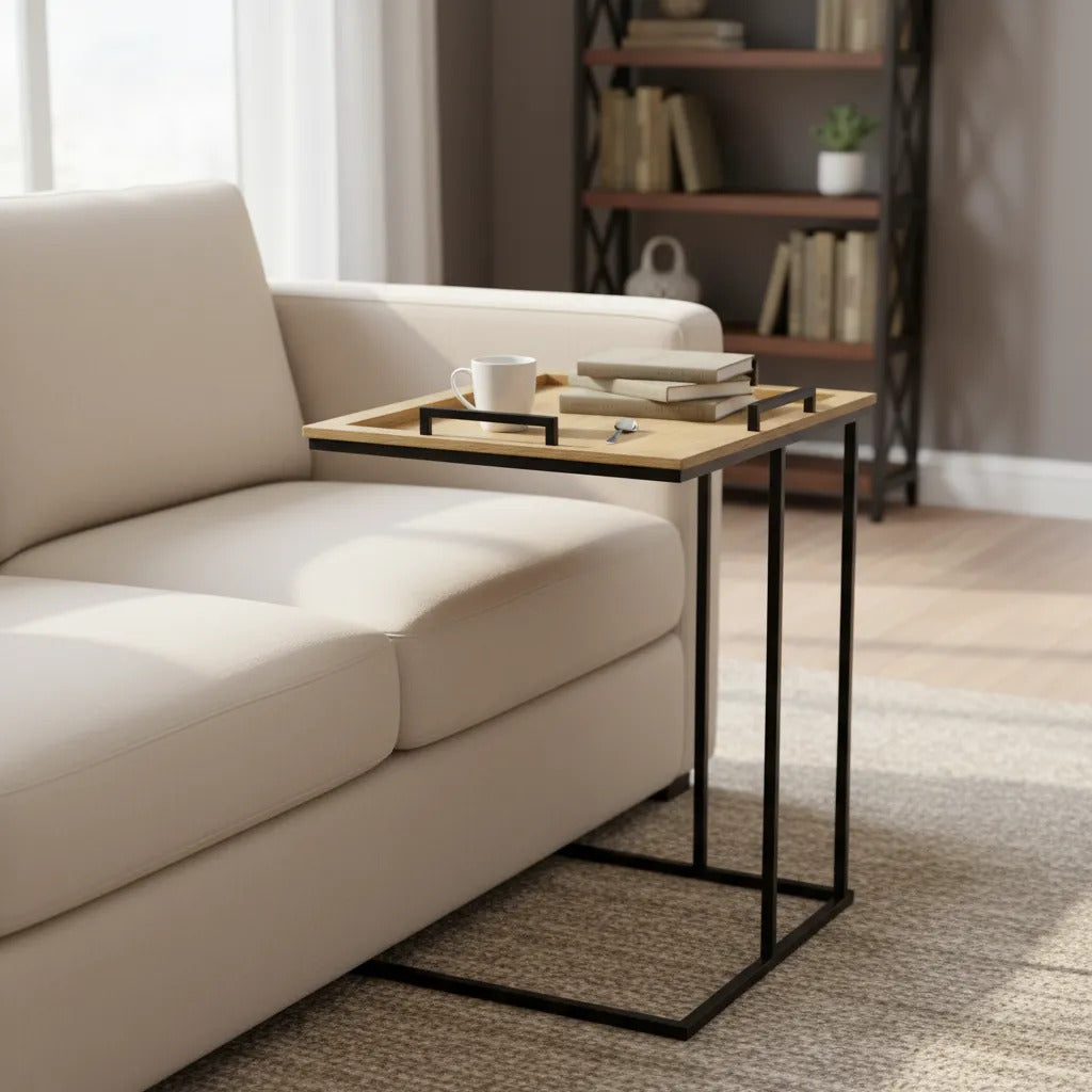 Mesa De Arrime Auxiliar Bandeja Hierro Y Madera 45x28x59cm