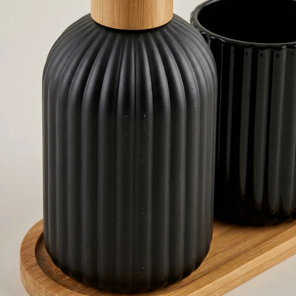 Dispenser De Jabón Y Vaso De Vidrio Negro Bambu 300ml