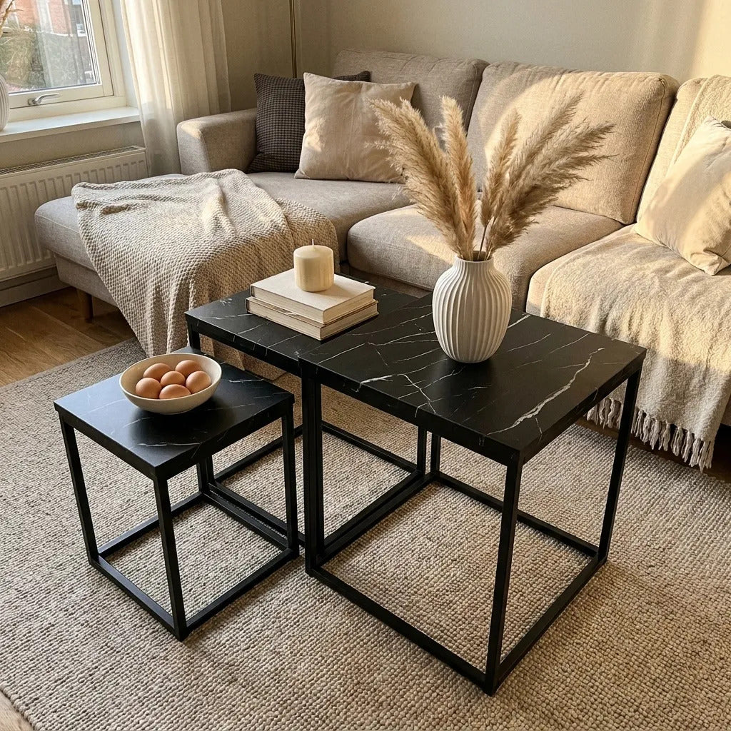 Mesas Ratonas Set X3 Hierro Y Madera Simil Marmol Negro