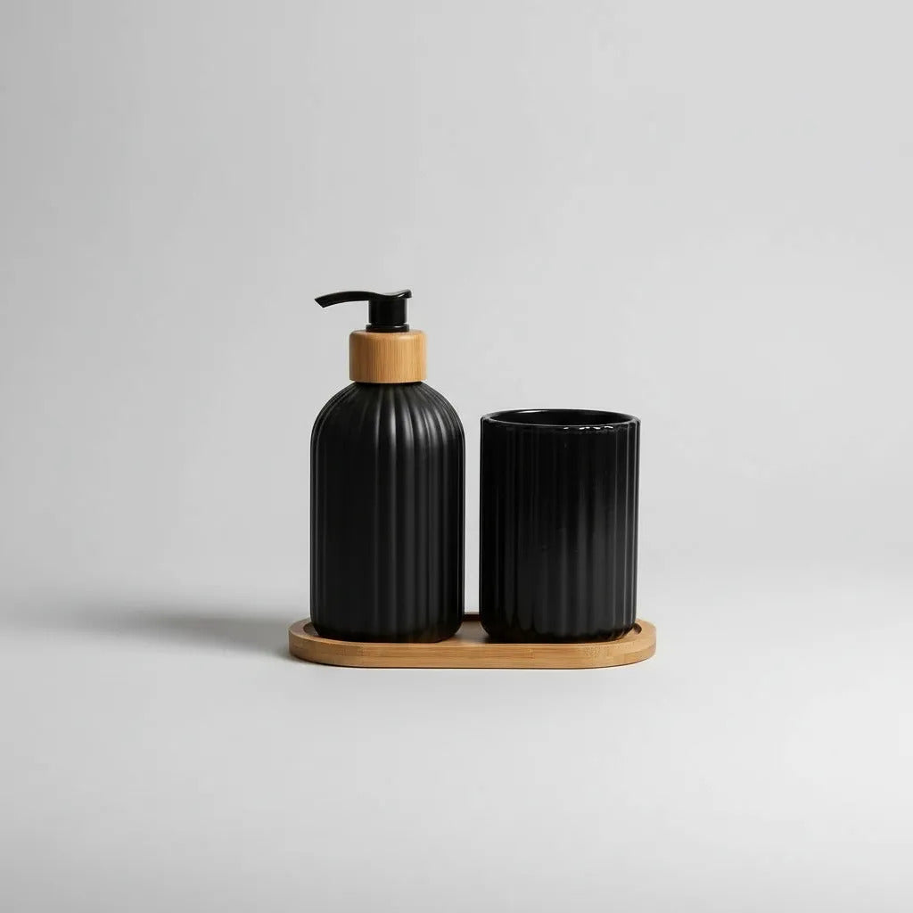 Dispenser De Jabón Y Vaso De Vidrio Negro Bambu 300ml