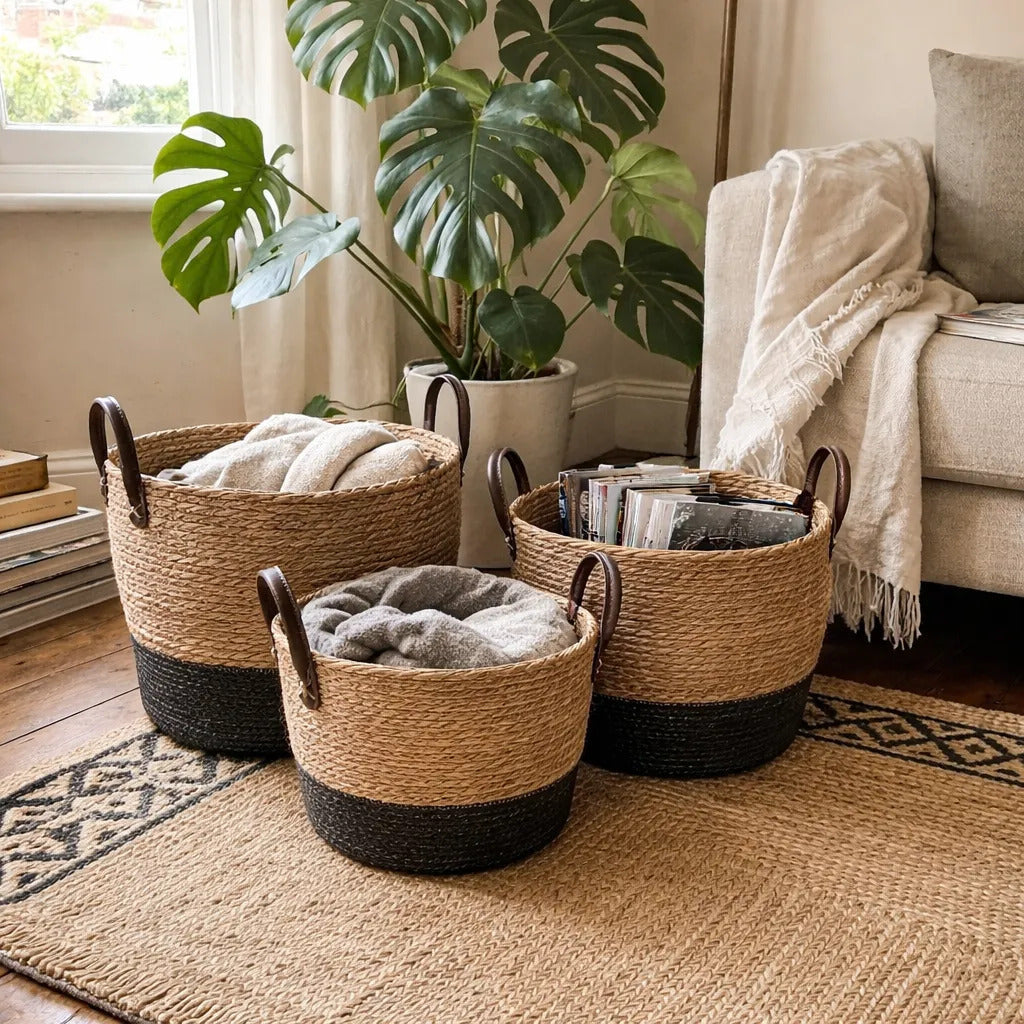 Set 3 Canastos Fibras Naturales Manijas Ecocuero Organizador