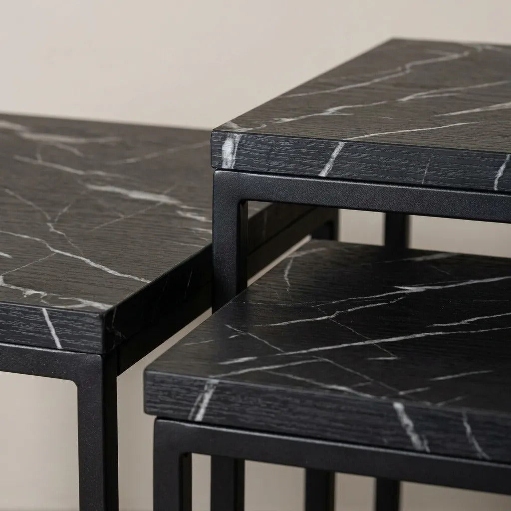 Mesas Ratonas Set X3 Hierro Y Madera Simil Marmol Negro