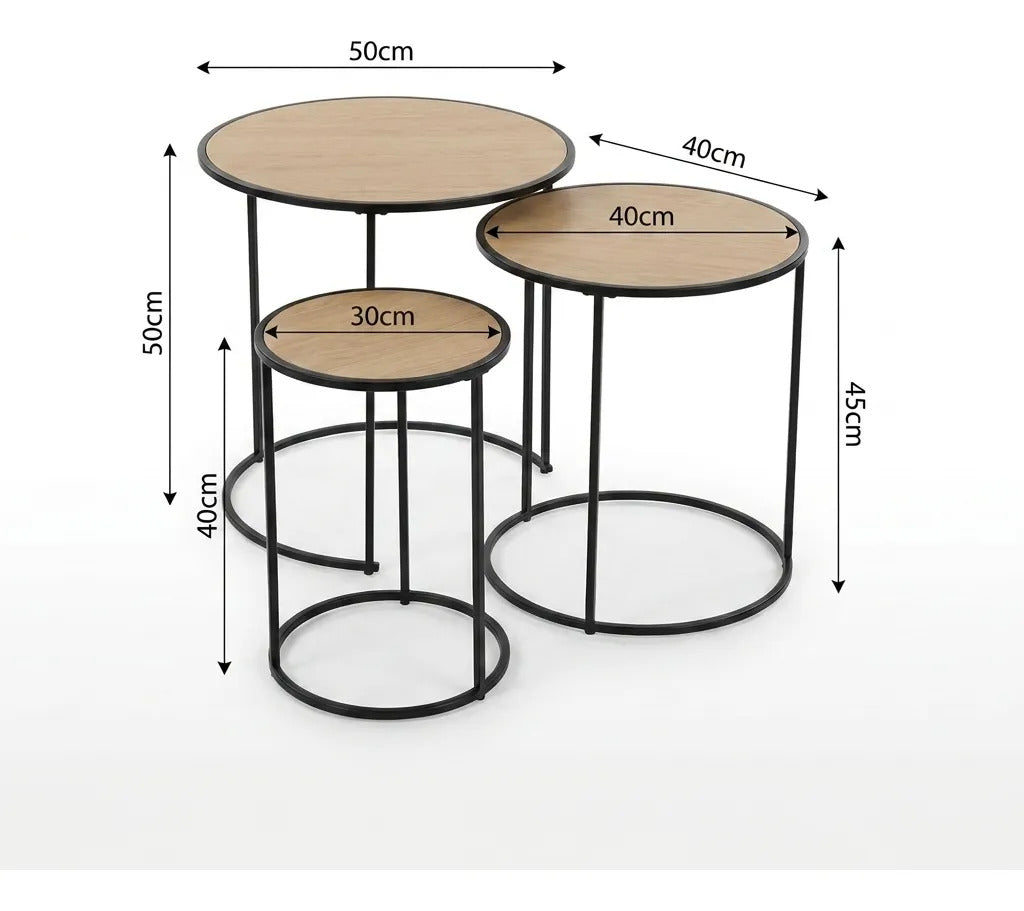 Mesas Ratonas Nido Set X3 Hierro Y Madera Clara Industrial
