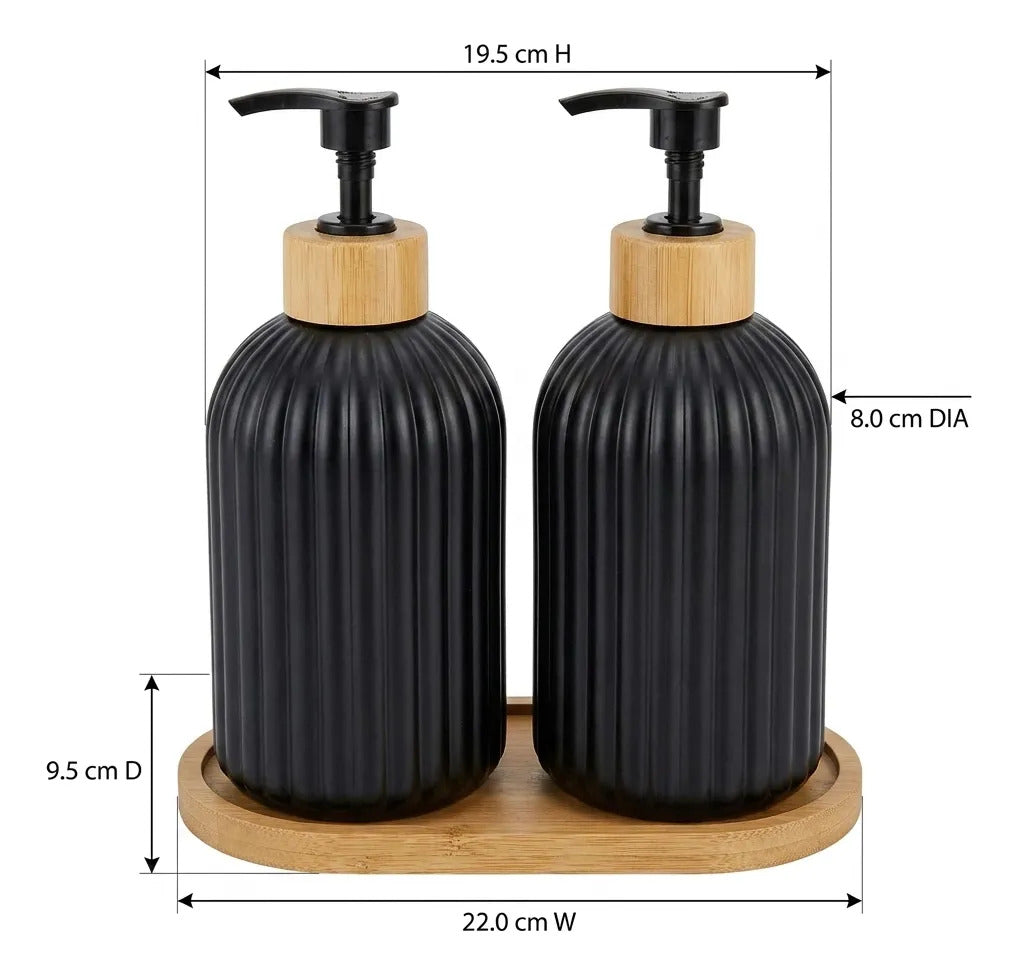 Set Duo Dispenser Jabon Vidrio Negro Bandeja Bambu Baño