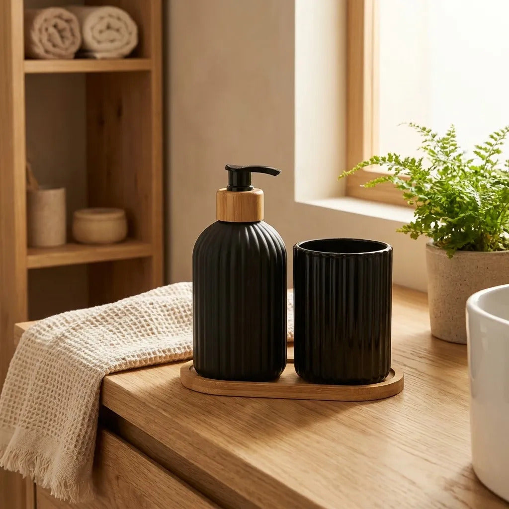 Dispenser De Jabón Y Vaso De Vidrio Negro Bambu 300ml
