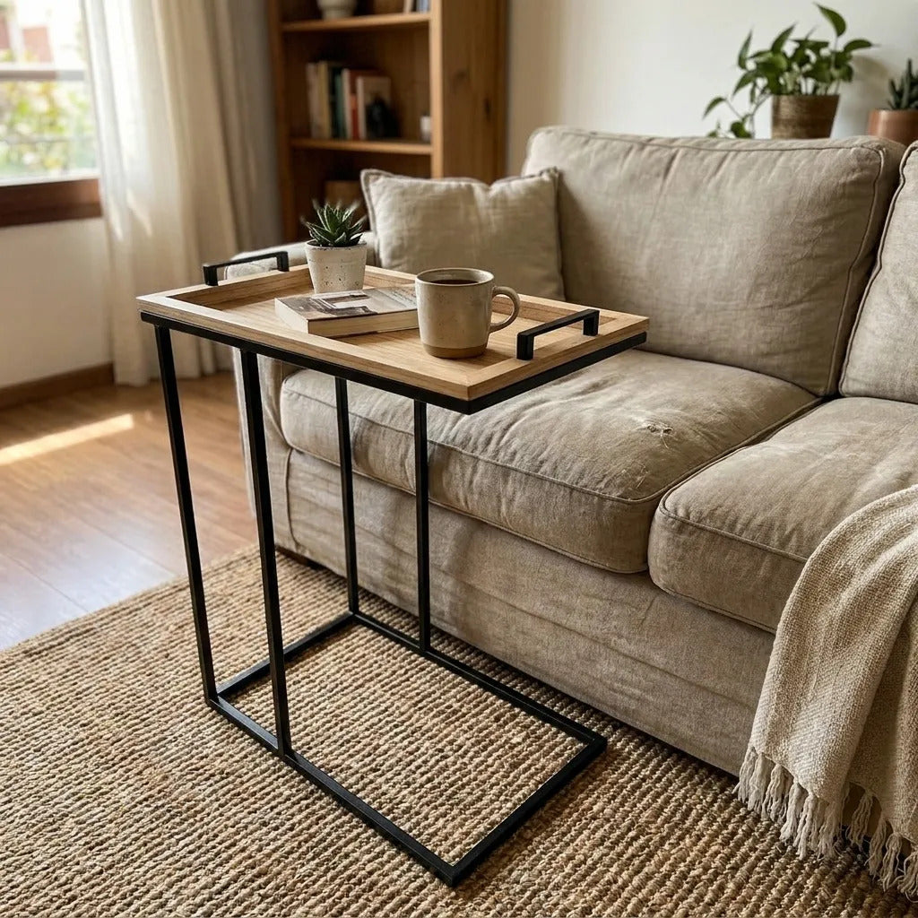 Mesa De Arrime Auxiliar Bandeja Hierro Y Madera 45x28x59cm