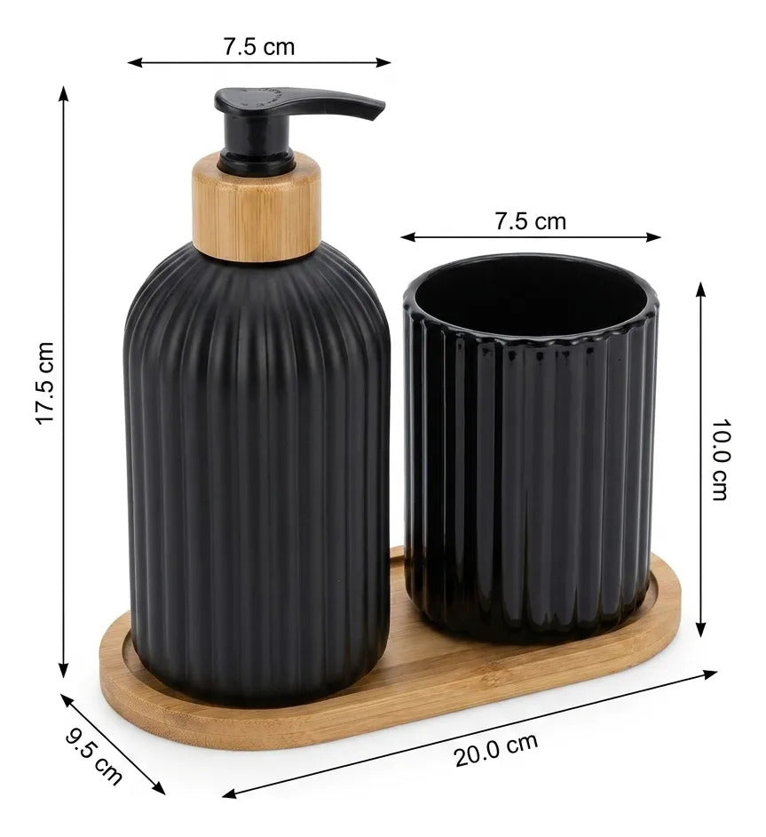 Dispenser De Jabón Y Vaso De Vidrio Negro Bambu 300ml