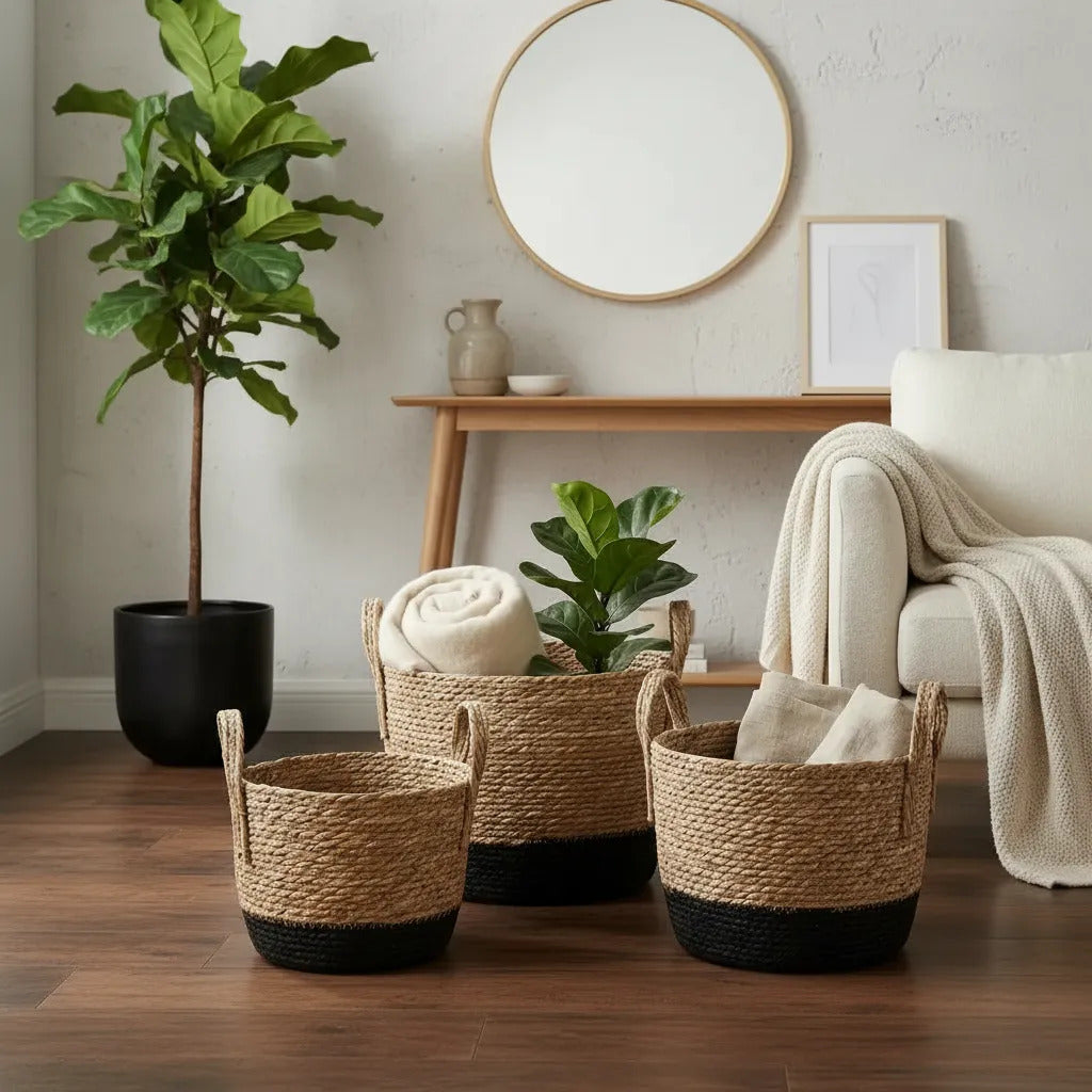 Set 3 Canastos Organizadores Fibras Naturales Beige Negro