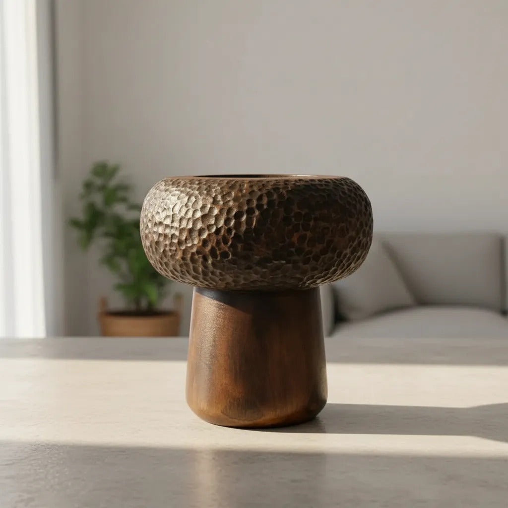 Jarrón Florero Madera Kiri Cincelado Laqueado Copón 31x27cm