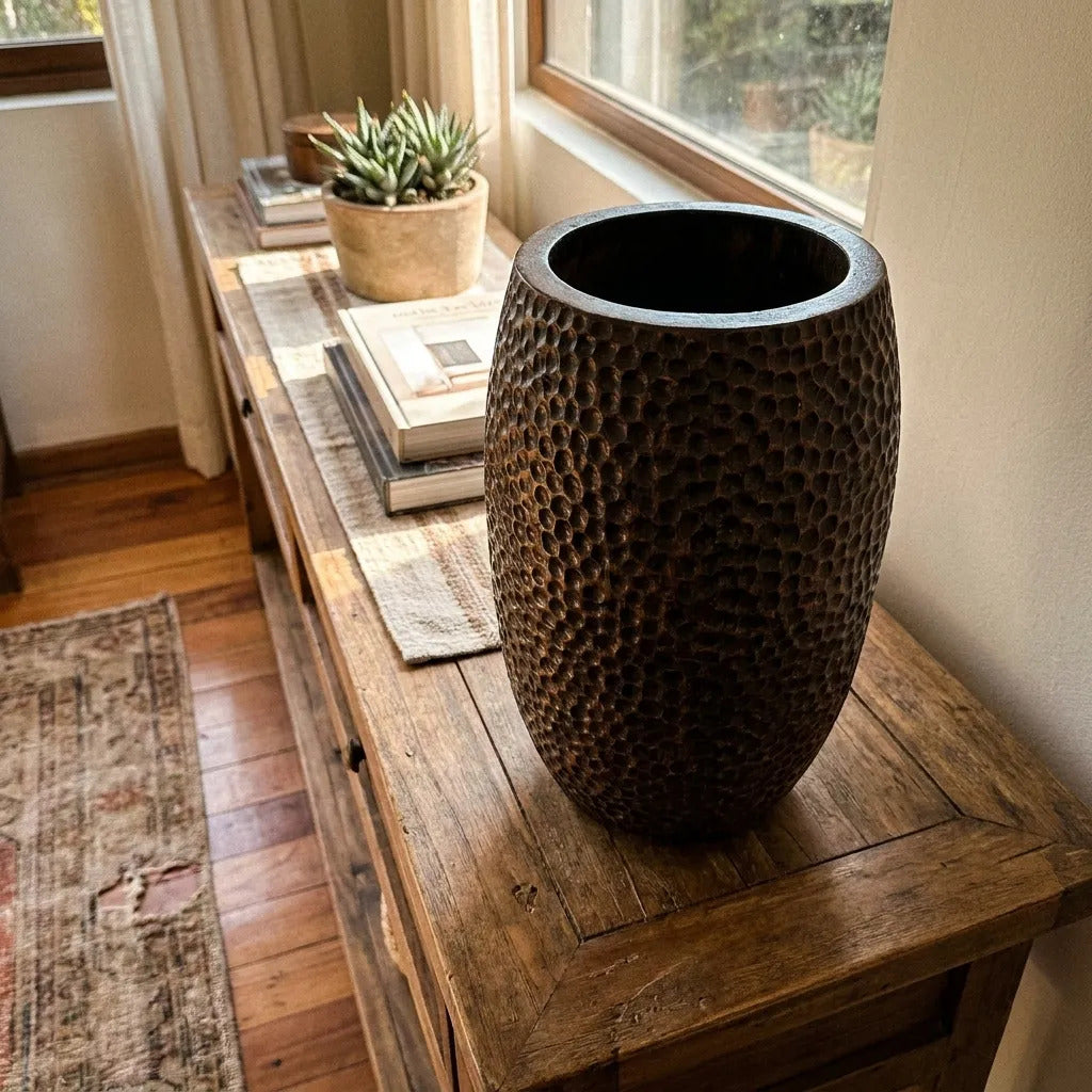 Jarrón Madera Kiri Cincel Laqueado Grande Deco 46x24x24cm
